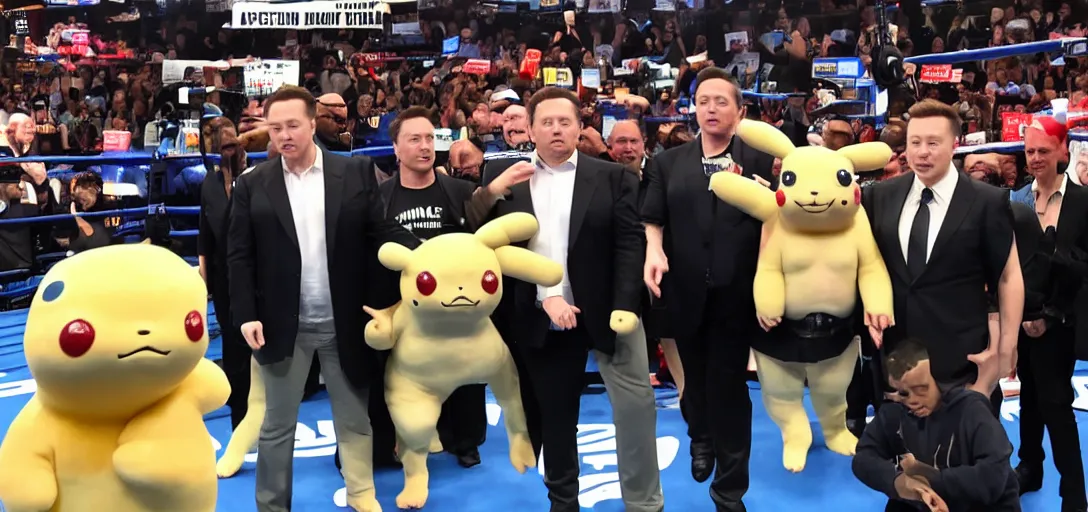 Image similar to elon musk in a boxing arena against donald trump with a crowd of pikachus