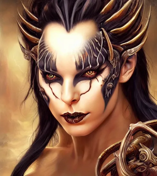 Image similar to a higly detailed airbrush full body shot and face portrait painting of a grim female sorceress with piercing eyes beautiful eyes, dynamic lighting, ambient lighting, deviantart, art by artgerm and karol bak and boris vallejo