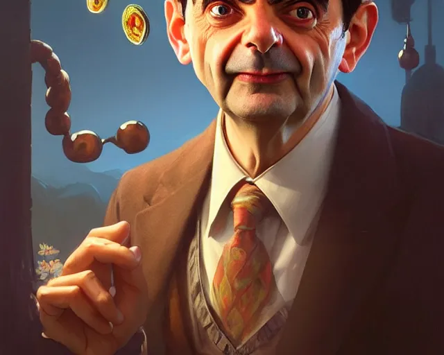 Image similar to mr bean looking very happy, photography of kurzgesagt, deep focus, d & d, fantasy, intricate, elegant, highly detailed, digital painting, artstation, concept art, matte, sharp focus, illustration, hearthstone, art by artgerm and greg rutkowski and alphonse mucha