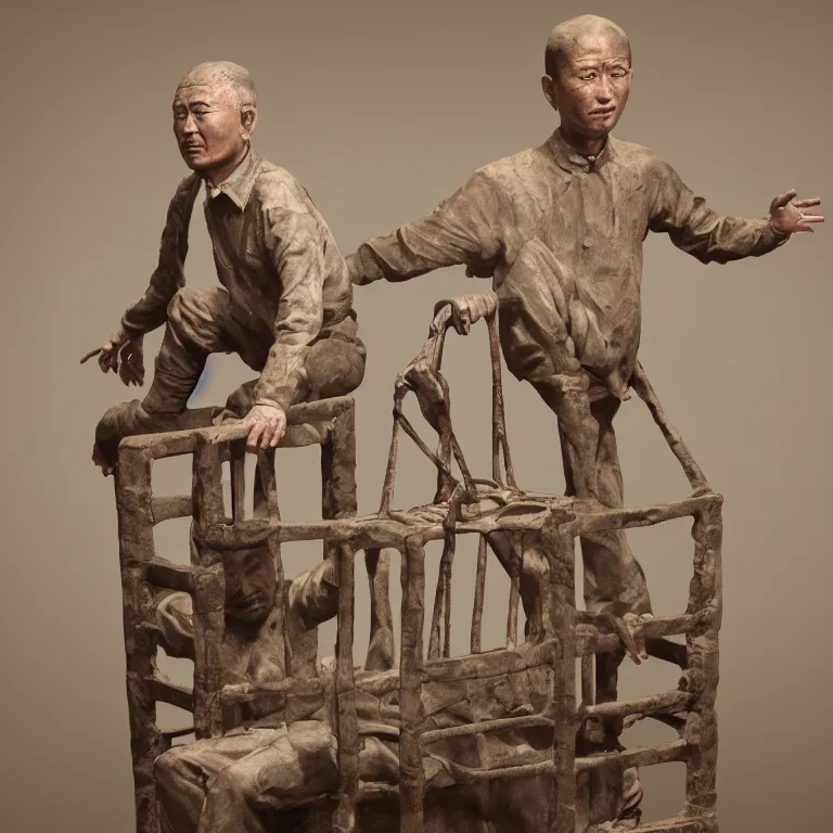 Prompt: hyperrealistic sculpture of a fossilized bronze male uyghur chinese prisoner in a cage made of low poly acrylic on a pedestal by ron mueck and duane hanson and lee bontecou, hyperrealistic dramatic colored lighting trending on artstation 8 k