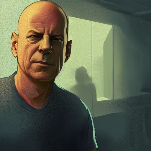 Image similar to M. Night Shyamalan as Bruce Willis in Sixth Sense, ambient lighting, 4k, anime key visual, lois van baarle, ilya kuvshinov, rossdraws, artstation