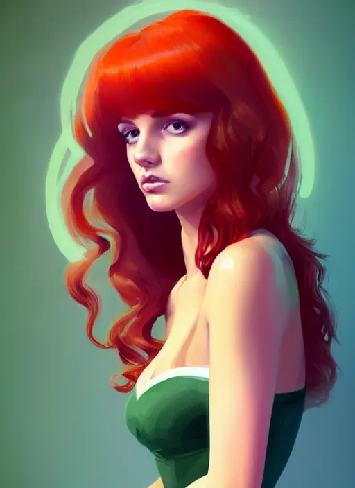 Image similar to full body portrait of teenage cheryl blossom, bangs, green eyes, mischievous expression, red hair, sultry smirk, bangs and wavy hair, intricate, elegant, glowing lights, highly detailed, digital painting, artstation, concept art, smooth, sharp focus, illustration, art by wlop, mars ravelo and greg rutkowski