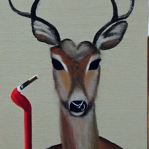 Prompt: deer with a cigarette in its mouth and thick smoke coming out of the cigarette, abstract, thick dripping paint