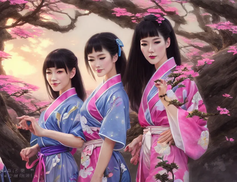 Image similar to two beautiful fashion taiwan girls wear fantasy yukata in festival | | big eyes, sunny, dreamlike art, realistic shaded, smile, good looking, fine details, 4 k realistic, cryengine, realistic shaded lighting poster by greg rutkowski, magali villeneuve, artgerm, jeremy lipkin and michael garmash and rob rey