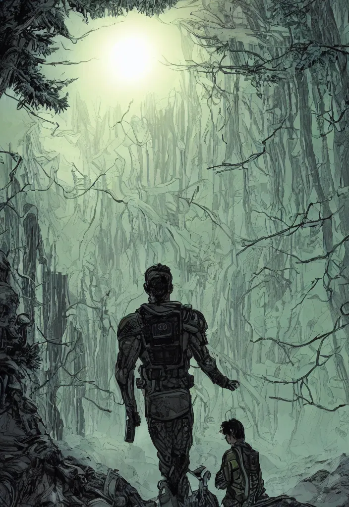 Image similar to A comic book cover of an android soldier with back to the camera, in a forest made of crystal, looking across a vast chasm and old rope bridge. On the mountain facing him is a crystal temple with a tower glowing in the fog