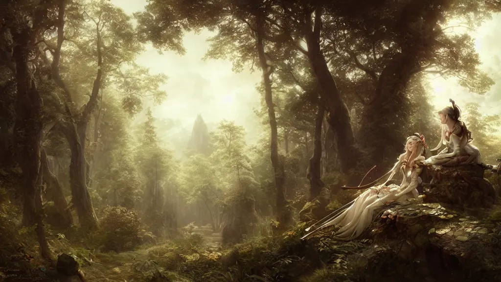 Prompt: elven princess sitting with sun wukong in the melancholy forest. andreas achenbach, artgerm, mikko lagerstedt, zack snyder, tokujin yoshioka