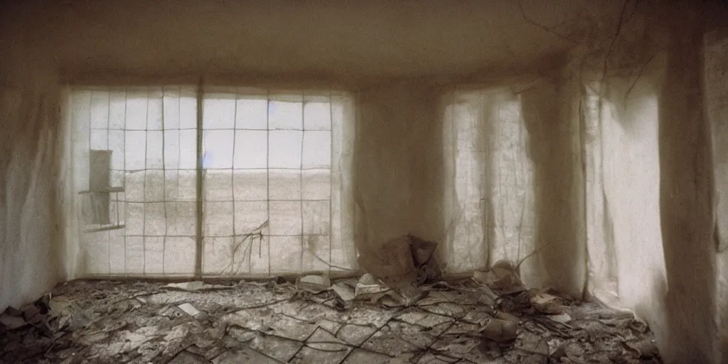 Prompt: interior of a house built on nothing, eerie vibe, leica, 2 4 mm lens, cinematic screenshot from the 2 0 0 1 surrealist film directed by charlie kaufman, kodak color film stock, f / 2 2, 2 4 mm wide angle anamorphic