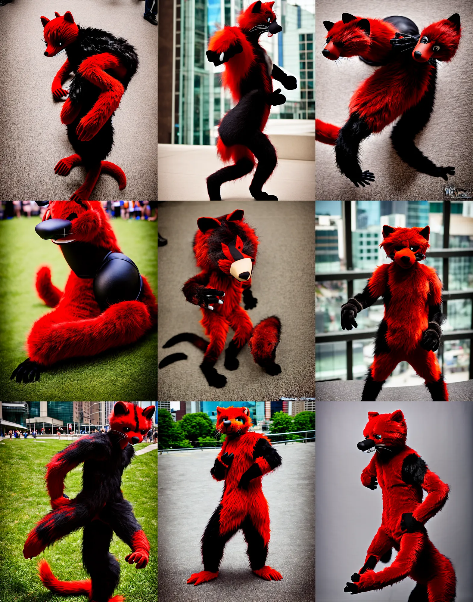 Image similar to fullbody photoshoot photo portrait of a roguish male red - black furred weasel furry fursuiter ( tail attached ), taken at anthrocon ( furry convention )