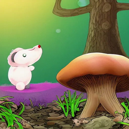 Image similar to a cartoon render of a cute little mochi ball exploring a mushroom forest