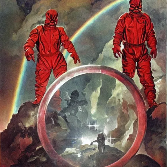 Prompt: two scientists wearing red and silver hazmat suits, entering the geometric rainbow crystal dimensional gateway by frank frazetta