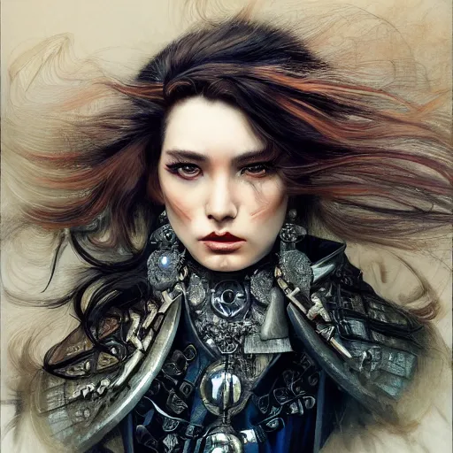 Image similar to portrait, headshot, insanely nice professional hair style, dramatic hair color, digital painting, of a old 17th century, old cyborg merchant, amber jewels, baroque, ornate clothing, scifi, realistic, hyperdetailed, chiaroscuro, concept art, art by Franz Hals and Jon Foster and Ayami Kojima and Amano and Karol Bak,