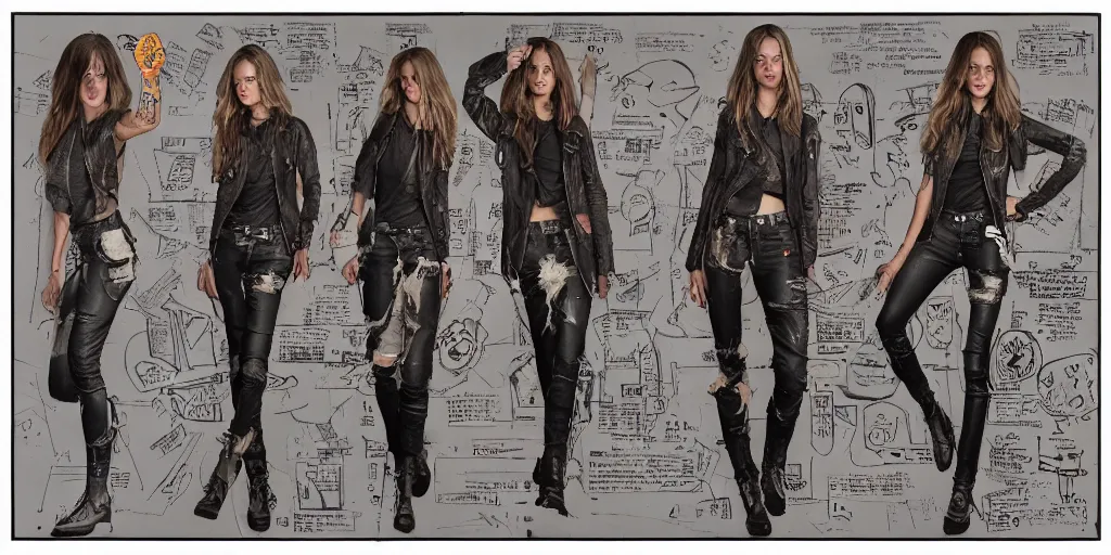 Image similar to halston sage fully tattooed, wearing scratched and ripped short leather jeans, wearing an aviator outfit with a smiley stamp, character sheet, fine details, props, concept design, contrast, kim jung gi, greg rutkowski, trending on artstation, 8 k, full body, turnaround, front, back, ultra wide angle