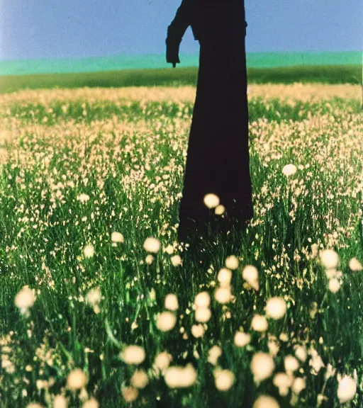 Image similar to tall shadow person figure standing in beautiful meadow of flowers, vintage film photo, grainy, high detail, high resolution