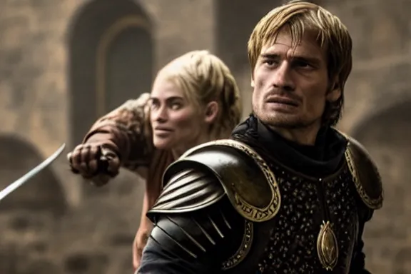 Image similar to very very intricate photorealistic photo of jaime lannister fighting cersei, photo is in focus with detailed atmospheric lighting, award - winning details