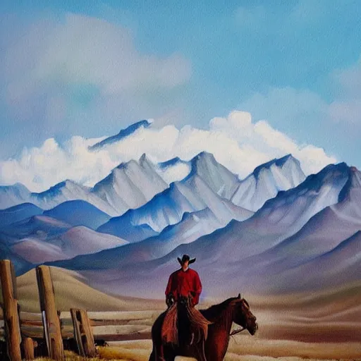 Image similar to surreal painting from a cowboy in front of the rocky mountains