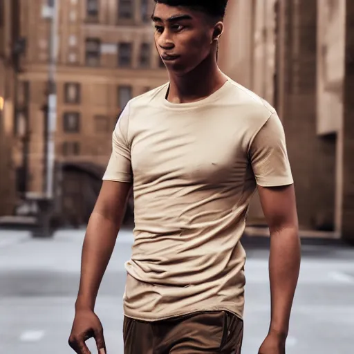 Image similar to Athletic Young man wearing a beige t-shirt and military backpack, Professional photography, Photorealism - W 768