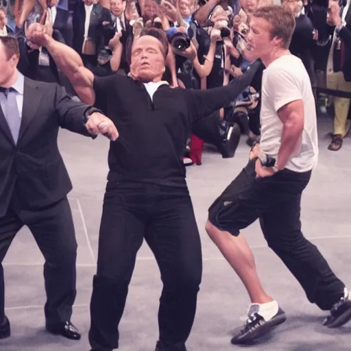 Image similar to high definition snapshot of arnold schwarzenegger kicking the crap out of elon musk & mark zuckerberg