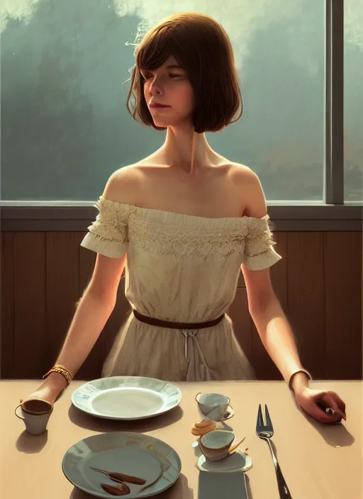 Image similar to a beautiful brown - haired girl with a summer dress in restaurant, intricate, elegant, highly detailed, digital painting, artstation, concept art, smooth, sharp focus, illustration, ethereal, misty, by ilya kuvshinov and jeremy mann, 8 k, octane render