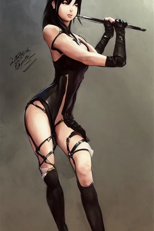 Image similar to tifa lockhart, strappy dress, wolford tights, stilettos, art by artgerm and greg rutkowski, portrait, highly detailed, digital painting, trending on artstation, concept art, sharp focus, illustration