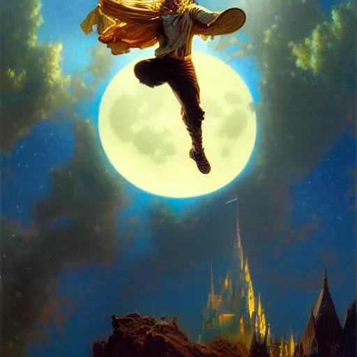 Prompt: attractive male wizard magically floating and flying high in the night sky, fantasy, full moon in background. highly detailed painting by gaston bussiere, craig mullins, j. c. leyendecker, mid shot, 8 k