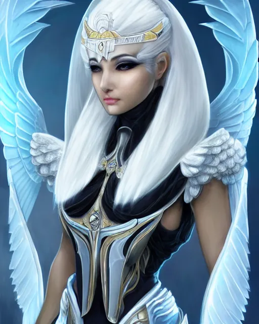 Image similar to perfect ornate white haired attractive egyptian goddess with huge white dove wings, warframe armor, beautiful, symmetric, dreamy, half asian, pretty face, blue eyes, detailed, scifi platform, laboratory, experiment, 4 k, ultra realistic, epic lighting, android body, illuminated, cinematic, masterpiece, art by akihito tsukushi, voidstar