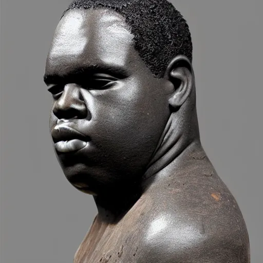 Prompt: medium - shot realistic clay notorious big, full body, walking, rough, handmade, fingerprints on clay, masterpiece, artistic, museum, highly detailed, hq, by adam beane