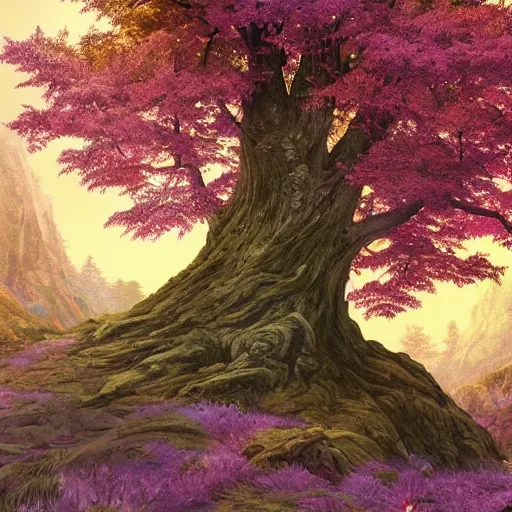 Image similar to a big tree on a mountain with purple leaves and some leaves falling retro digital painting, artstation, concept art, soft light, hdri, smooth, sharp focus, illustration, fantasy, intricate, elegant, highly detailed, D&D, matte painting, in the style of Greg Rutkowski and Alphonse Mucha and artemisia, 8k, highly detailed, jurgens, rutkowski, bouguereau, pastoral, rustic, georgic