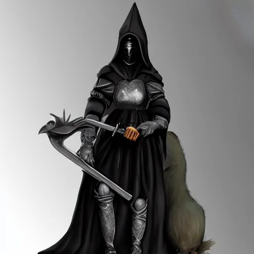 Image similar to female plague doctor donning a black hood, steel knightly armor and a white crow mask, trending on artstation