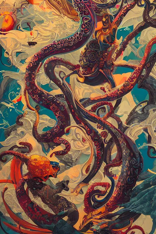 Image similar to Tristan Eaton, victo ngai, peter mohrbacher, artgerm, tentacles from the pit