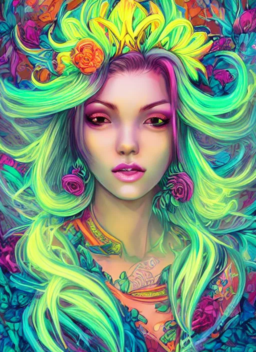 Prompt: A beautiful portrait of a floral queen with neon hair, frontal, digital art by Ross Tran and Dan Mumford, vibrant color scheme, highly detailed, outrun art style