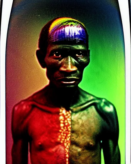 Prompt: a colorful chromatic abberation, 9 0 s toy commercial, double exposure photo from the 7 0 s, polaroid photo of a african tribal warrior, by zdzislaw beksinski, by ernst haeckel