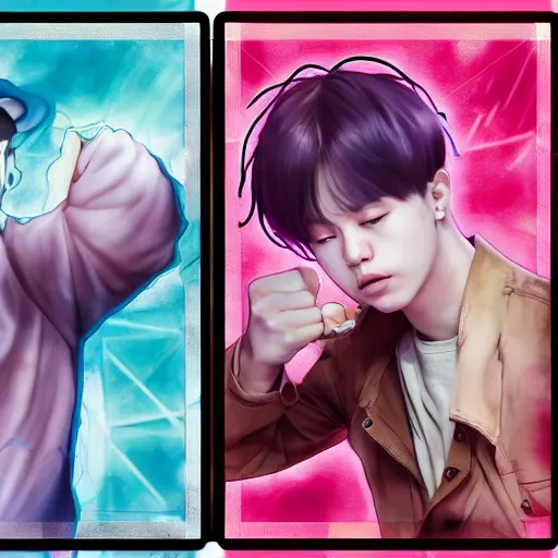 Prompt: jimin battling j hope in pokemon cards, in the style of james jean, artstation trending, 8 k, 3 d render, photorealistic, volumetric lighting caustics, pink