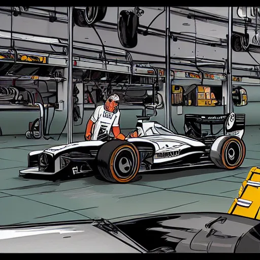 Prompt: formula one mechanic works on car, comic, wide shot, gta style by patrick brown