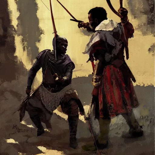 Prompt: portrait of black man wearing medieval clothes aiming a bow, detailed by greg manchess, craig mullins, bernie fuchs, walter everett