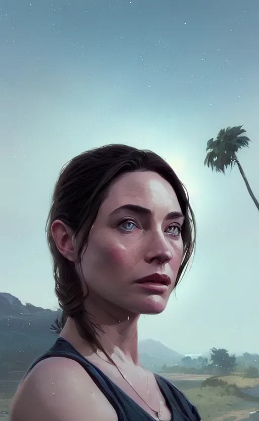 Image similar to highly detailed portrait young claire forlani in gta v, stephen bliss, unreal engine, fantasy art by greg rutkowski, loish, rhads, ferdinand knab, makoto shinkai and lois van baarle, ilya kuvshinov, rossdraws, tom bagshaw, global illumination, radiant light, detailed and intricate environment