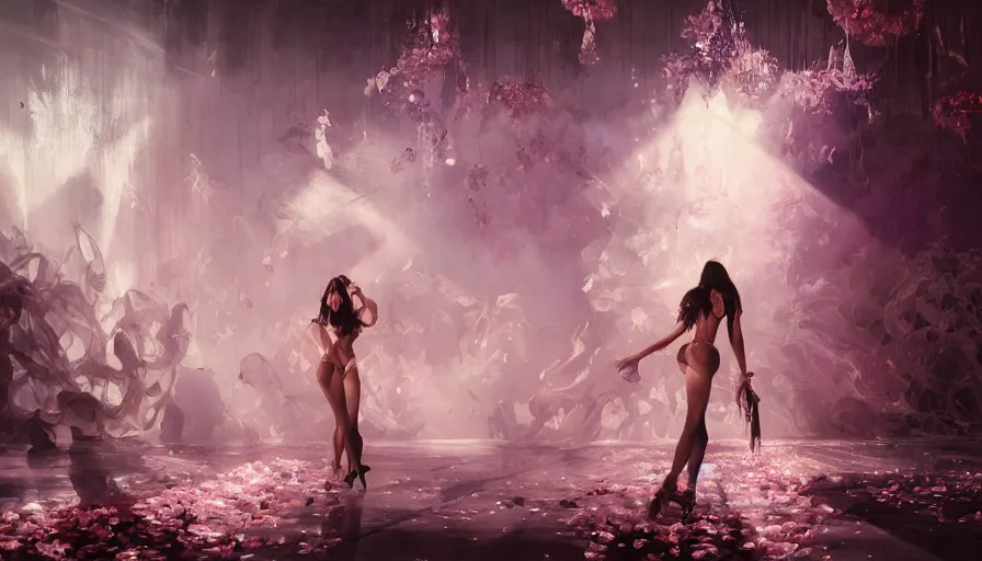 Image similar to victoria secret runway show, light, shadows, reflections, flowers, epic composition, intricate, elegant, volumetric lighting, digital painting, highly detailed, artstation, sharp focus, illustration, concept art, ruan jia, steve mccurry, greg rutkowski, mina petrovic, timothy kong, marina federovna, masterpiece, iconic