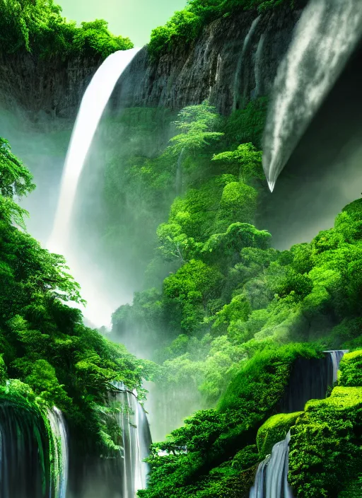 Image similar to a large waterfall in the middle of a green valley, a detailed matte painting by jacob willemszoon de wet, shutterstock contest winner, naturalism, sense of awe, national geographic photo, unreal engine
