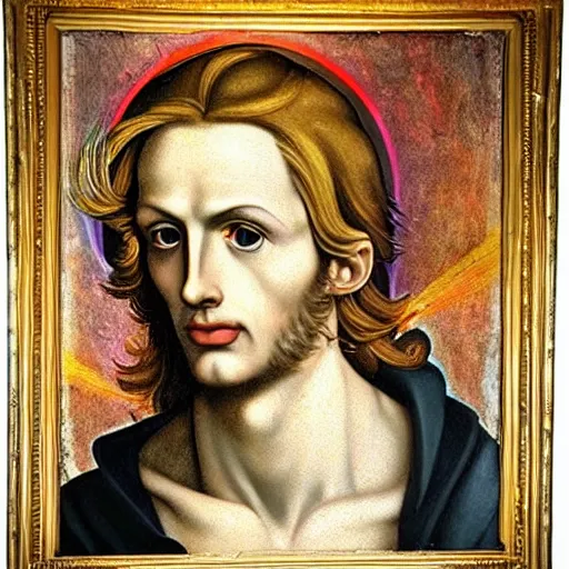 Prompt: Oil canvas of Lucifer, ruler of Inferno, capital sin of Pride, Superbia, natural blonde gold like hair, intricate sophisticated well rounded face, good bone structure, bright glowing eyes as LEDs and neon, Lean Body, porcelain looking skin, attractive and good looking, tall, invincible, poses triumphantly stance over the remains of Heaven, by Michelangelo, Caravaggio, Alphonse Mucha, Michael Whelan, William Adolphe Bouguereau, John Williams Waterhouse, and Donato Giancola, Dark Fantasy mixed with Socialist Realism, exquisite art, art-gem, dramatic representation, hyper-realistic, atmospheric scene, cinematic, trending on ArtStation, photoshopped, deep depth of field, intricate detail, finely detailed, small details, extra detail, attention to detail, detailed picture, symmetrical, 2D art, digital art, golden hour, oil painting, 8k, 4k, high resolution, unreal engine 5, octane render, arnold render, 3-point perspective, polished, complex, stunning, breathtaking, awe-inspiring, award-winning, ground breaking, concept art, nouveau painting masterpiece