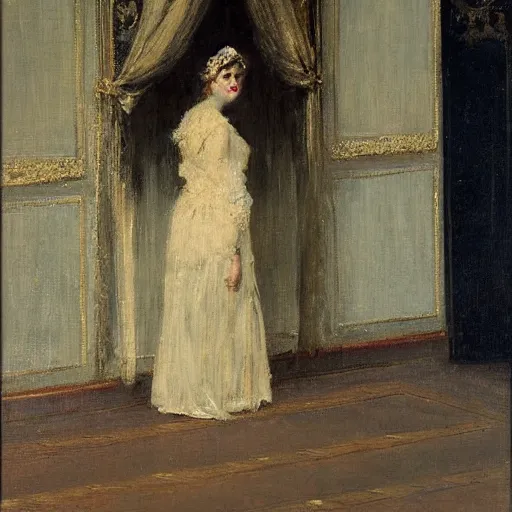 Image similar to a theatre actress waiting for the curtain to fall, by alfred stevens