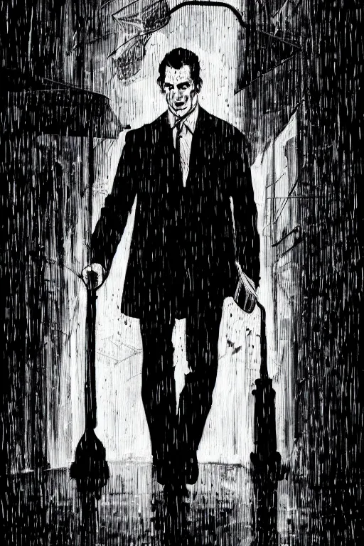 Image similar to black and white illustration of Patrick Bateman in a rainy street, neo noir style, Frank Miller creative design, body horror, high detail