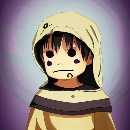 Image similar to cute little boy wearing an skull mask and dressed in an nun outfit, purple color palette, artwork made in western cartoon art syle, inspired in made in abyss and hirohiko araki, ray tracing, soft details