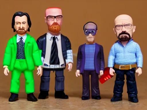 Image similar to a breaking bad action figure set with Saul Goodman, Walter white, and Jesse pinkman