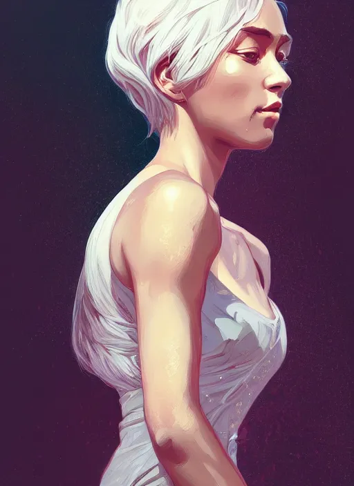 Image similar to handsome young black women with shoulder length white hair, half body shot, path traced, highly detailed, high quality, digital painting, alena aenami, lilia alvarado, shinji aramaki, karol bak, alphonse mucha, tom bagshaw