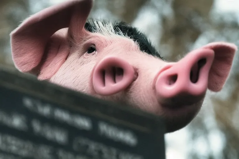 Image similar to movie scene closeup pig wearing a suit at a podium yelling. by emmanuel lubezki