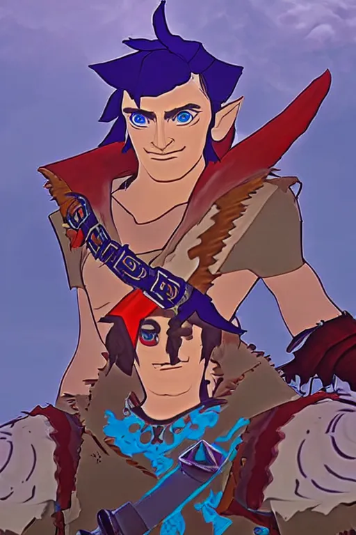 Image similar to an in game portrait of zagreus from hades in the legend of zelda breath of the wild, breath of the wild art style.