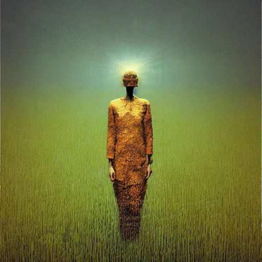 Prompt: tall boxes falling out of space side - by - side, pixel sorting, objects levitating, person walking thru grass, zdzislaw beksinski