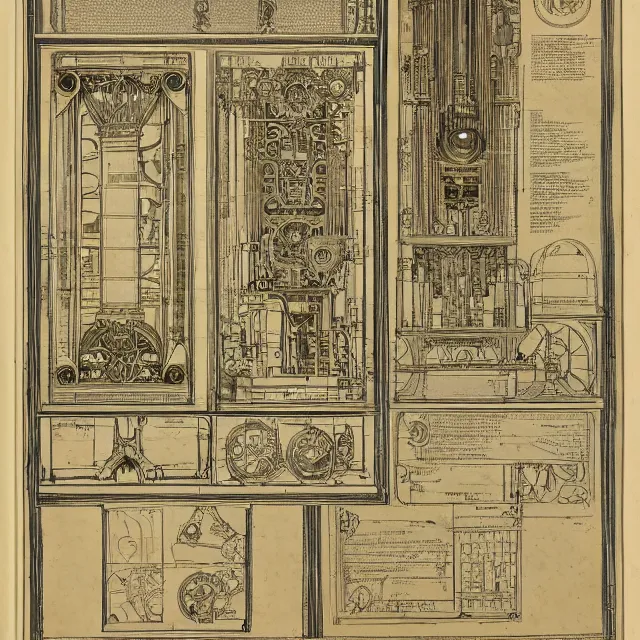 Image similar to beautiful, symmetric, art nouveau, detailed, intricate technical drawings on parchment from 1 8 4 0 with extensive written labels and covered in scribbled pencil notes in open space, for a mechanical display attachment to babbage's difference engine, showing a screen playing tetris, by ron cobb and alphonse mucha