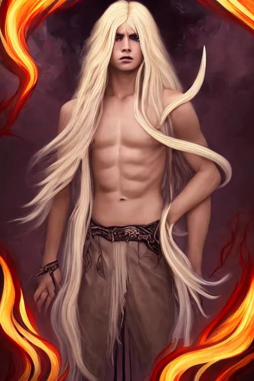 Prompt: digital art of a pale menacing Demon of Battle with long blond curls of hair and piercing eyes, young androgynous male, central composition, he commands the fiery power of resonance and wrath, very very long blond curly hair with bangs!!!, Center parted bangs, fringe, baroque curls, tight rolled drill curls, by Ross Tran Rossdraws and WLOP, Artstation, CGsociety
