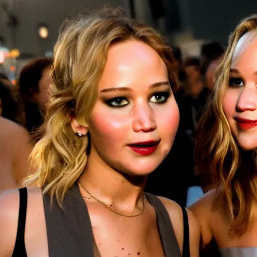 Image similar to Selfie photograph of Jennifer Lawrence and Jennifer Lawrence, golden hour, 8k,