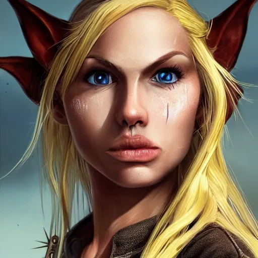 Prompt: close up headshot of a skinny female high-fantasy elf with a long face narrow chin and short spiky blonde hair wearing dark brown overalls and holding a bomb next to a destroyed car, gel spiked blond hair,narrow lips, high resolution film still, HDR color, painting by artgerm